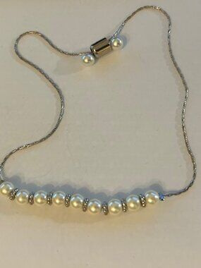 Faux Pearl Adjustable Slider Bracelet Silver Tone | Up to 8” Wrist | Elegant Min